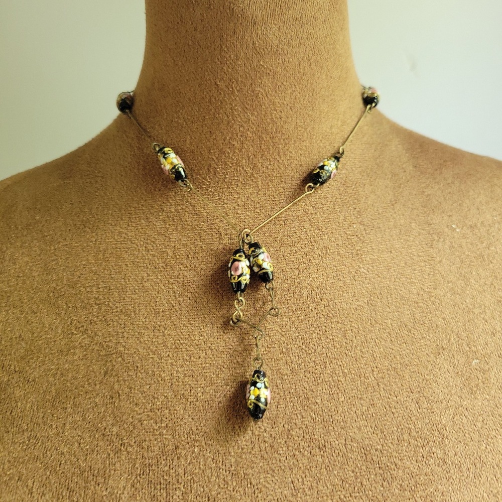 Vintage Art Deco Lampwork Glass Floral Bead Y-Necklace 14 Inch SSma